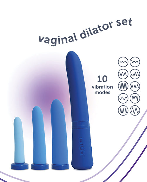 plusOne Vaginal Dilator Set Blue featuring four interchangeable dilators in various sizes and ten vibration modes.