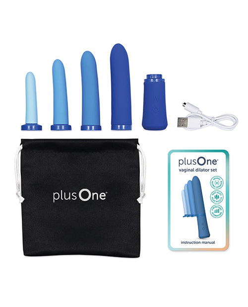 plusOne Vaginal Dilator Set Blue including four dilators, charging device, and instruction manual.