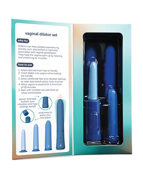 plusOne Vaginal Dilator Set Blue in packaging with four interchangeable sizes for comfort and training.