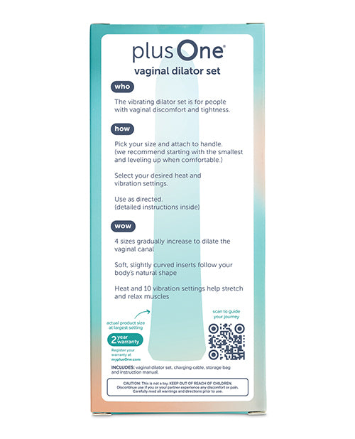 plusOne Vaginal Dilator Set Blue packaging showing features and instructions for comfort and relaxation.