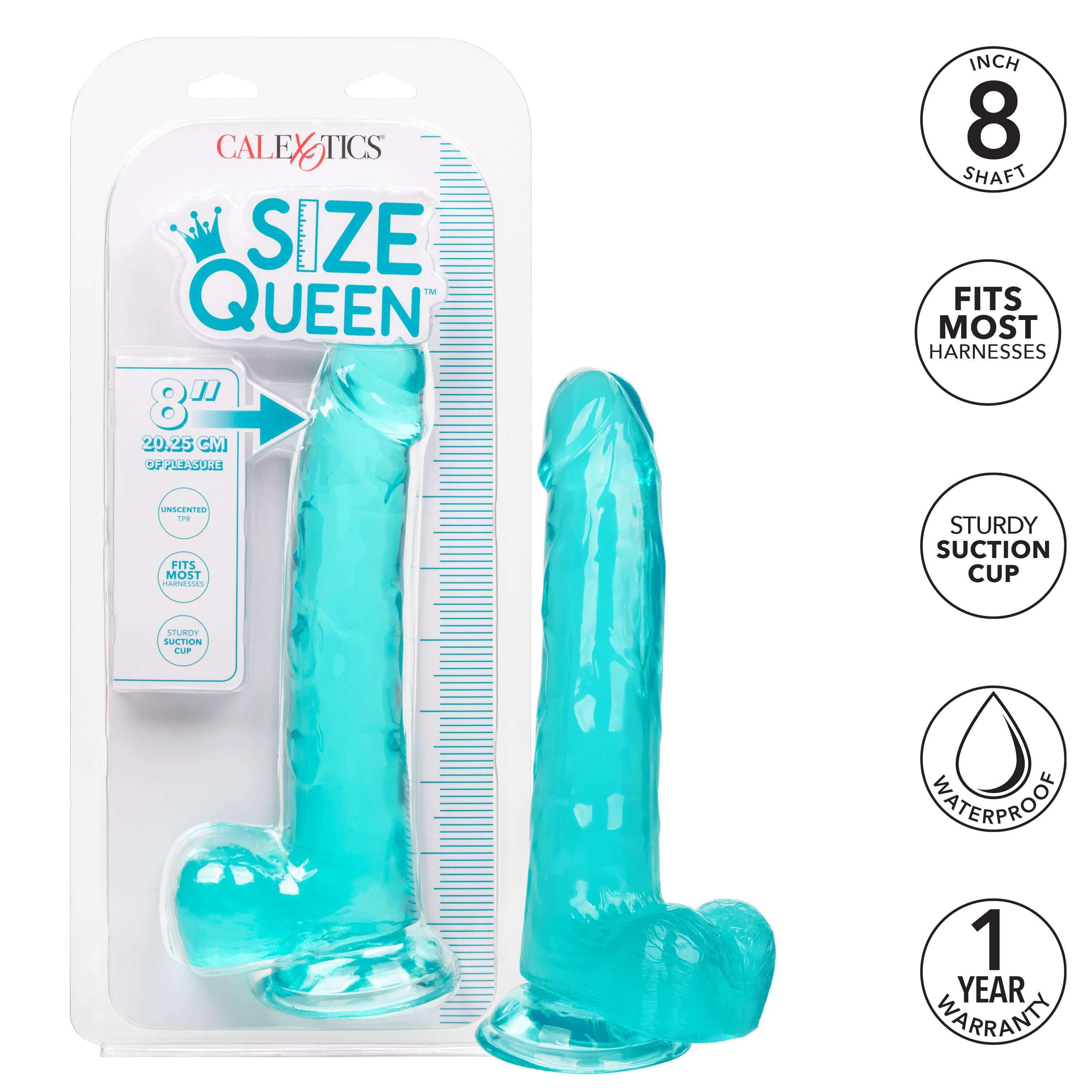 Size Queen Dildo 8 Inches Blue packaging with details on size, suction cup, and waterproof features.