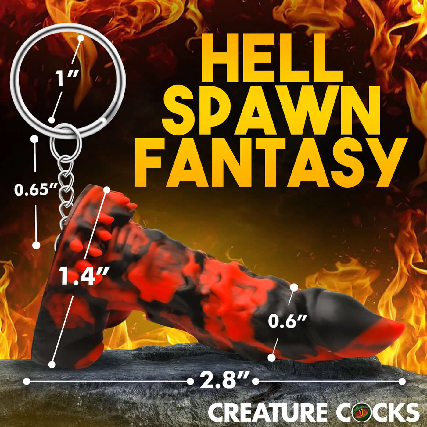 Red and black Fire Demon keychain with size measurements, surrounded by flames, and labeled "Hell Spawn Fantasy" by Creature Cocks.