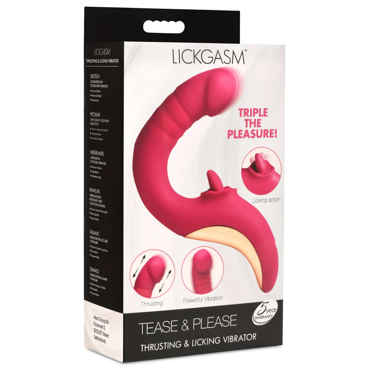 Fuchsia Tease and Please Thrusting and Licking Vibrator in packaging designed for G-spot and clitoral stimulation with triple motors.