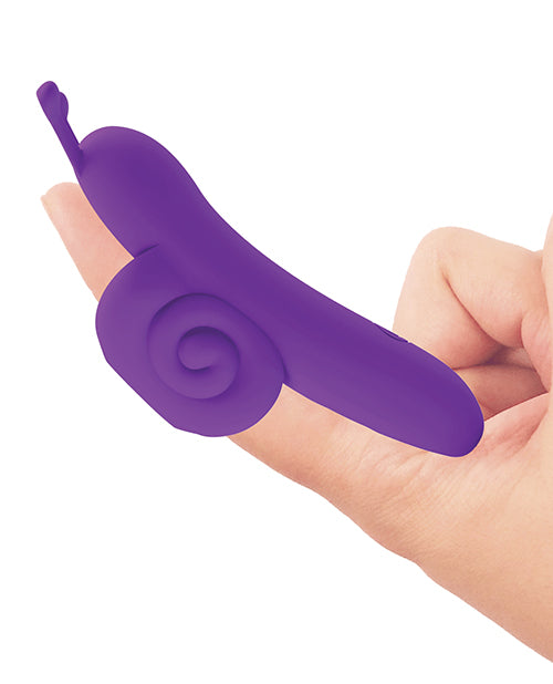 Pretty Love Snail Honey Finger Vibe Purple resting on a hand for precise stimulation.