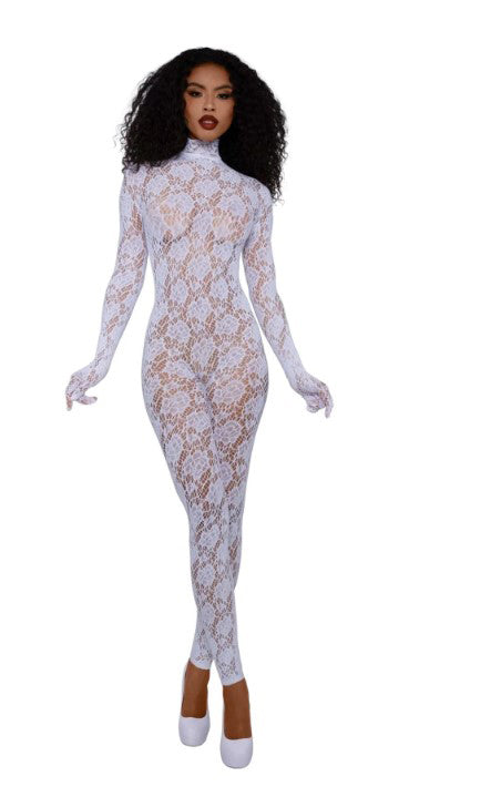 Dreamgirl Gloved Bodystocking Dmnd OS White on a model showcasing its elegant design and flattering fit.