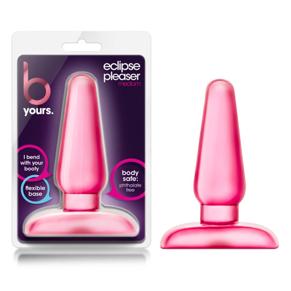 B Yours Eclipse Anal Pleaser Medium Butt Plug Pink in packaging, showcasing its tapered design and body-safe material.