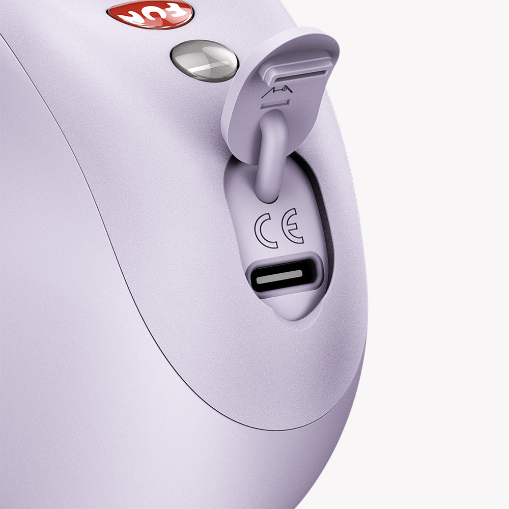 Close-up of charging port on Fun Factory Mea Air Pulse Vibrator Purple, showing USB-C connection.