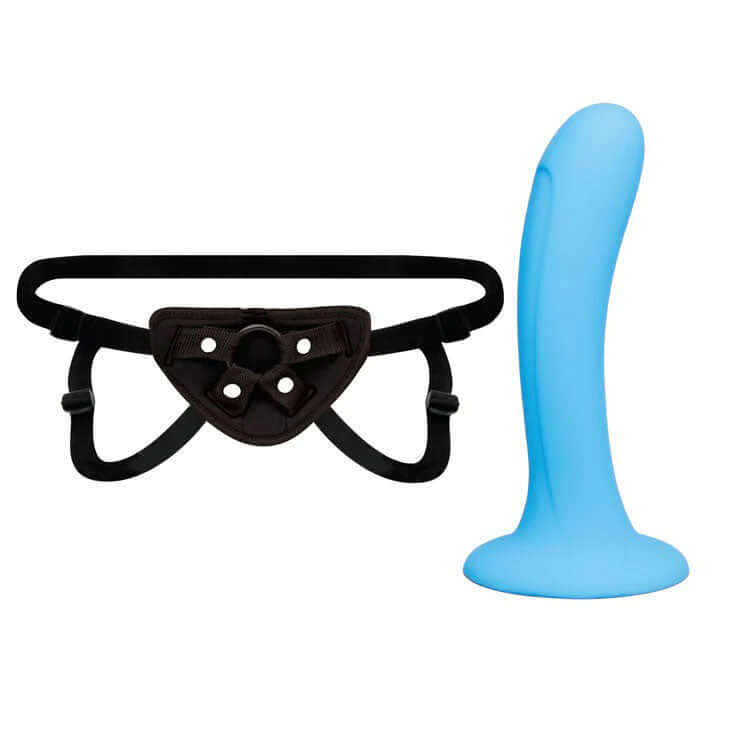 Lux Fetish My First Time Beginners Strap on & Pegging Set featuring harness and blue silicone dildo.