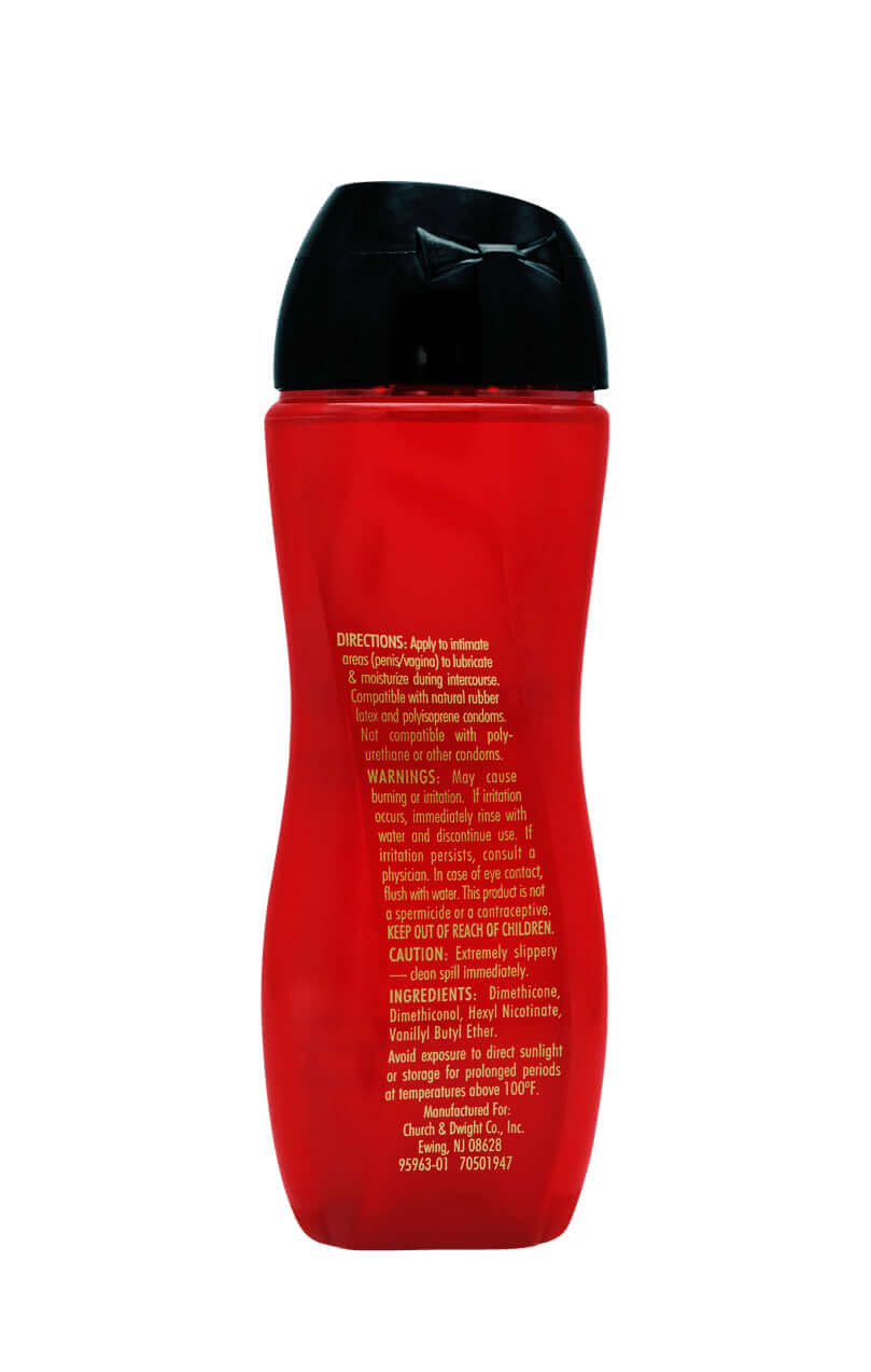 Trojan Arouses & Releases Lubricant 3 Oz bottle with red design and black cap, highlighted instructions and ingredients on label.