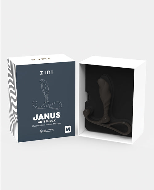 Zini Janus Anti Shock Prostate Massager Medium Black in its packaging showing the dual-arm design.