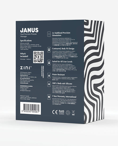 Zini Janus Anti Shock Prostate Massager Medium Black product packaging showcasing features and specifications.