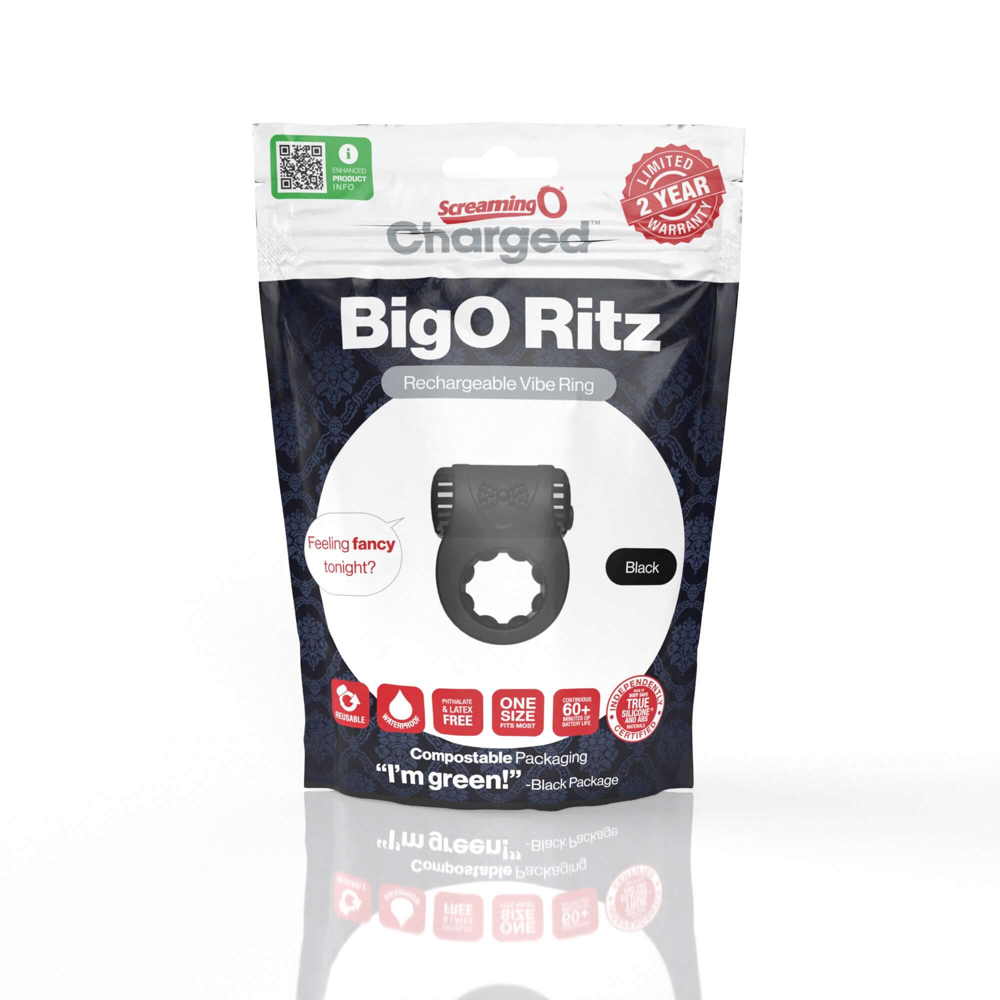 Screaming O Big O Ritz Rechargeable Vibe Ring Black packaging showcasing the product in compostable design.