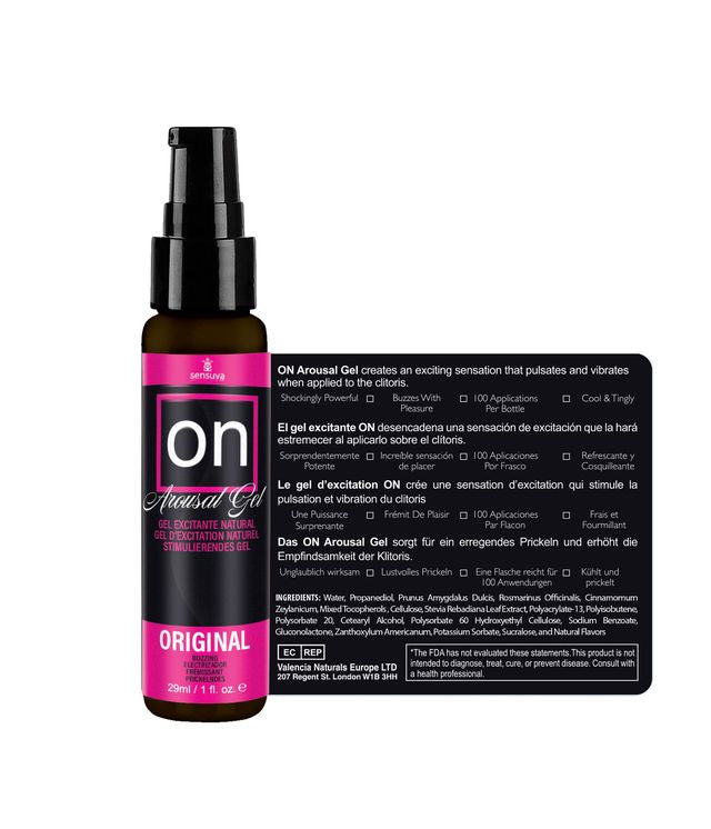 Sensuva On Arousal Gel Original for Her 1 Fl Oz bottle with details about its stimulating properties and usage.