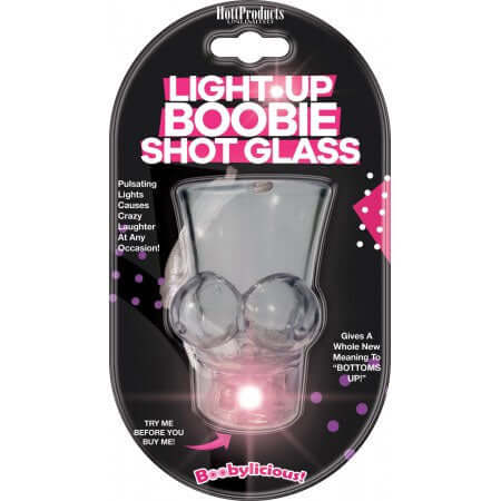 Light Boobie Shot Glass in packaging; LED lights for party fun and adult gatherings.
