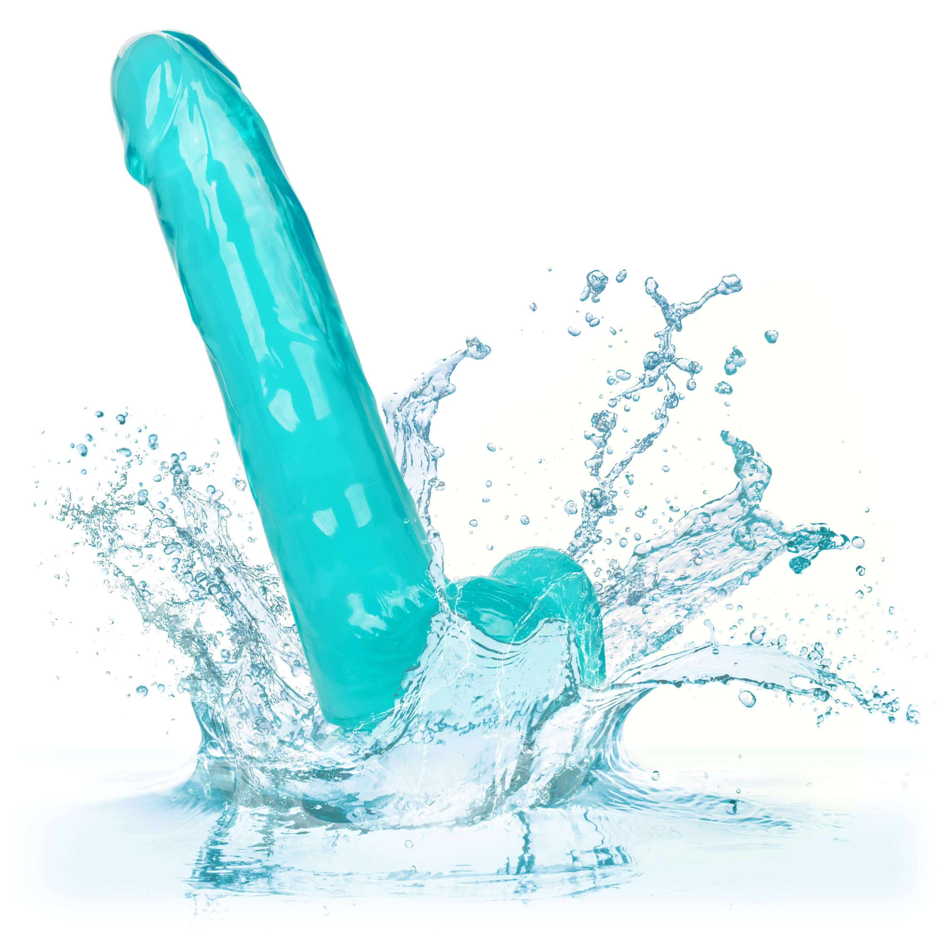 Size Queen Dildo 8 Inches Blue splashing in water with realistic design and bold color.