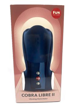 Fun Factory Cobra Libre II Vibrating Masturbator Night Blue in packaging, designed for hands-free stimulation.