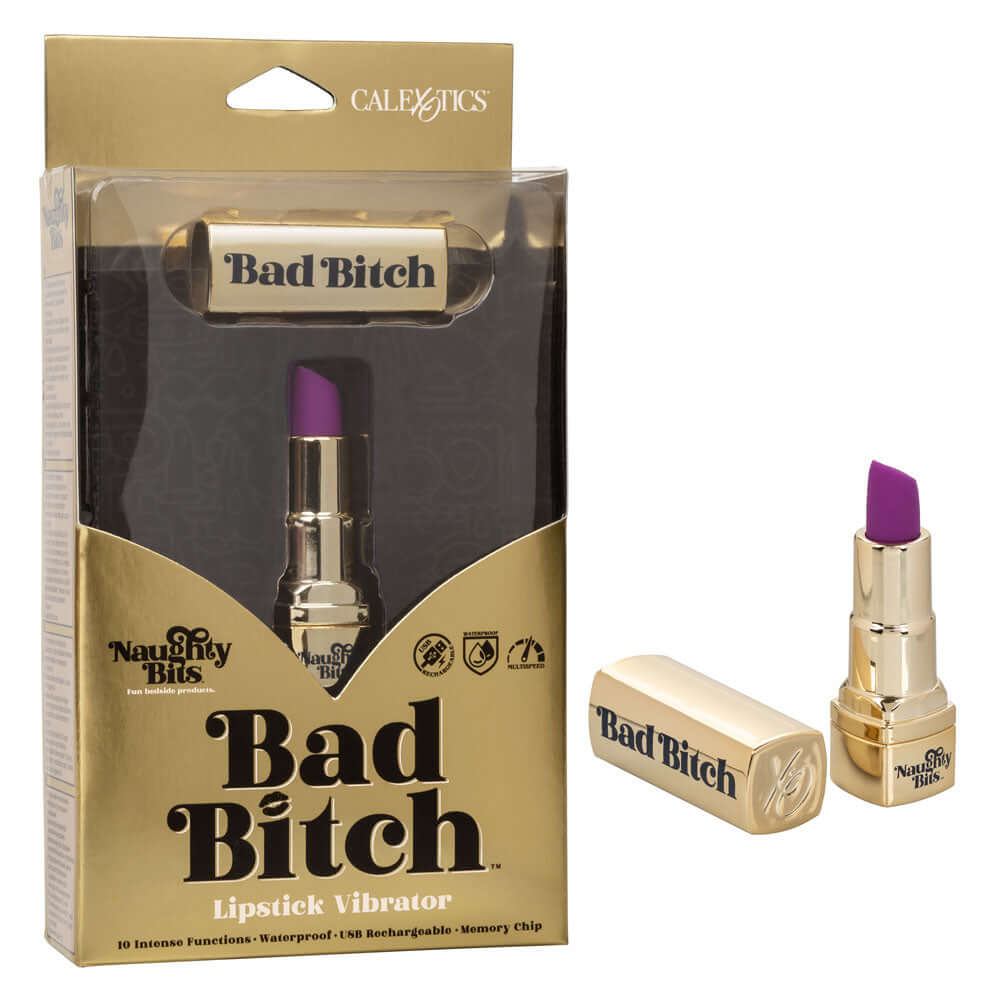Naughty Bits Bad Bitch Lipstick Vibrator packaging showcasing a gold lipstick design with a purple tip.