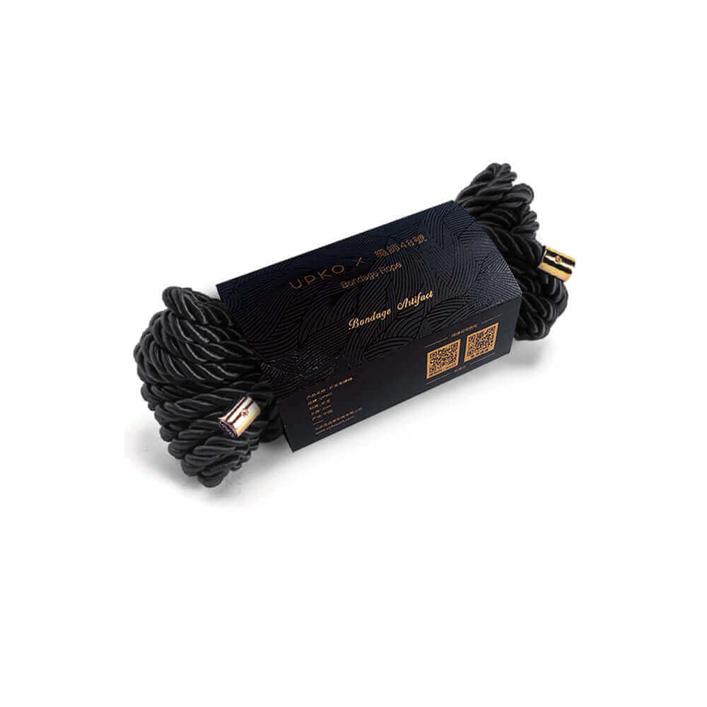 UPKO "Shibari" black bondage rope packaging with educational QR code for instructional videos.