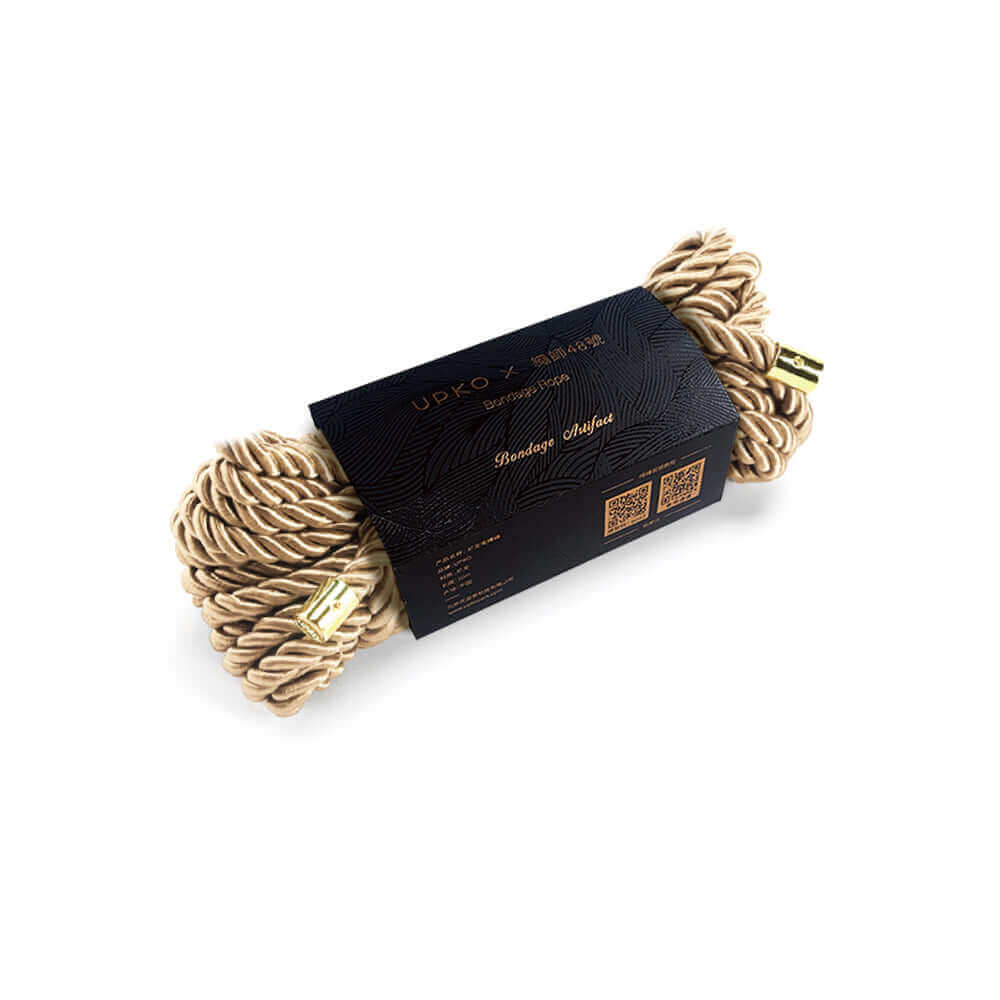 UPKO "Shibari" bondage rope in gold packaging, featuring luxurious nylon material and instructional video QR code.