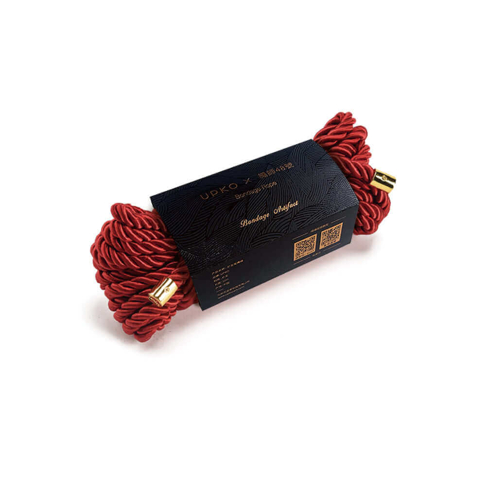 UPKO "Shibari" red bondage rope, 32.8 ft nylon, includes QR code for educational video and luxurious packaging.