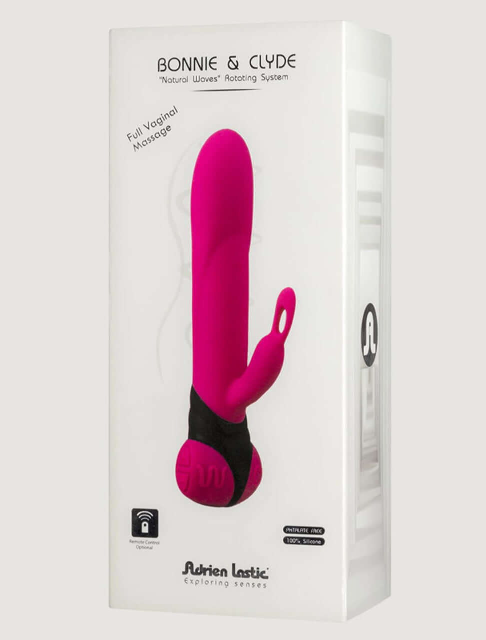 Bonnie & Clyde Rechargeable Rabbit Vibrator packaging showcasing a luxurious dual-stimulation design with advanced features.
