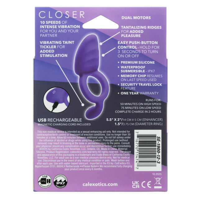 Closer Intimate Rechargeable Ring Passion Purple package back view, features and specifications included.