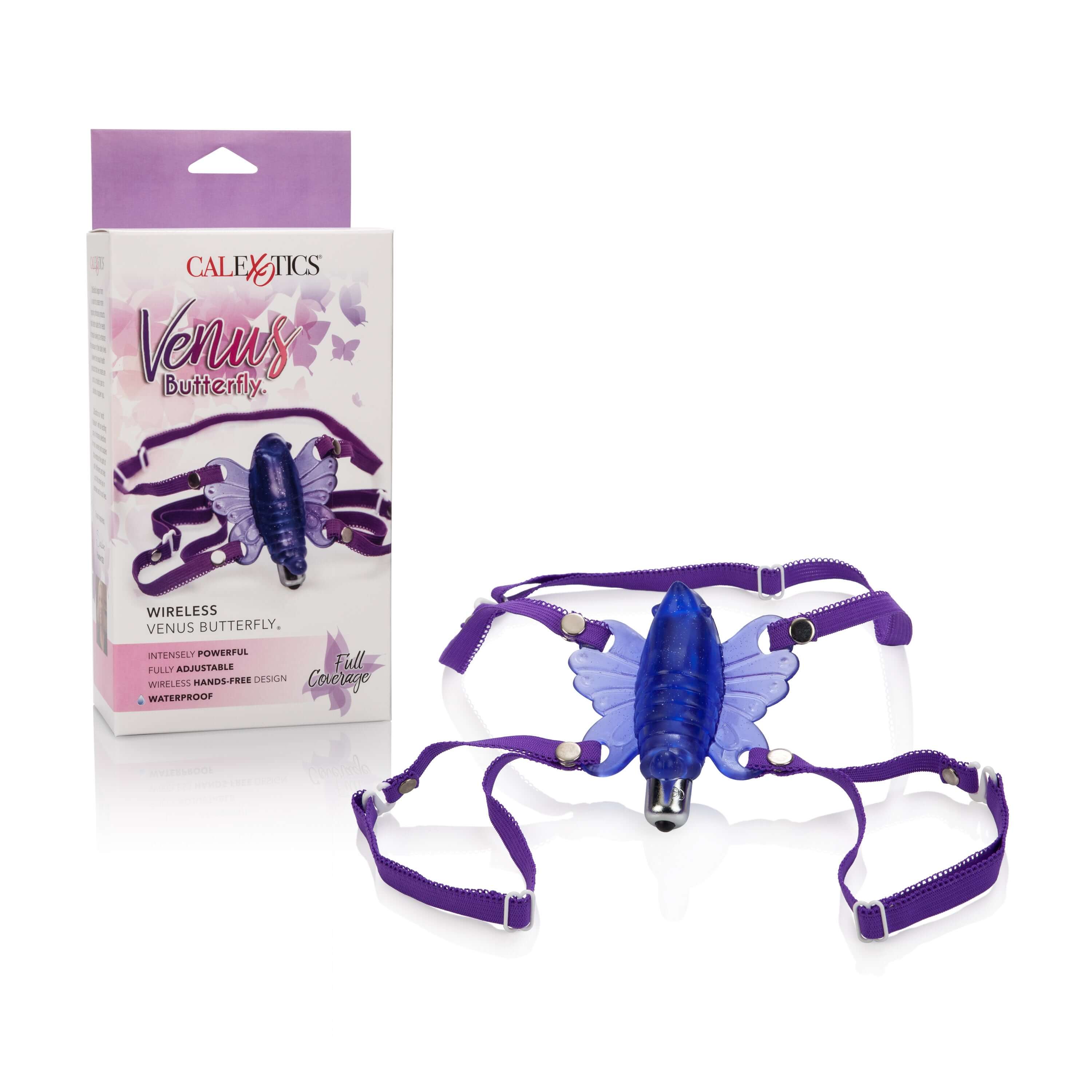 Wireless Venus Butterfly Wearable Stimulator Purple with packaging, designed for hands-free pleasure and powerful stimulation.