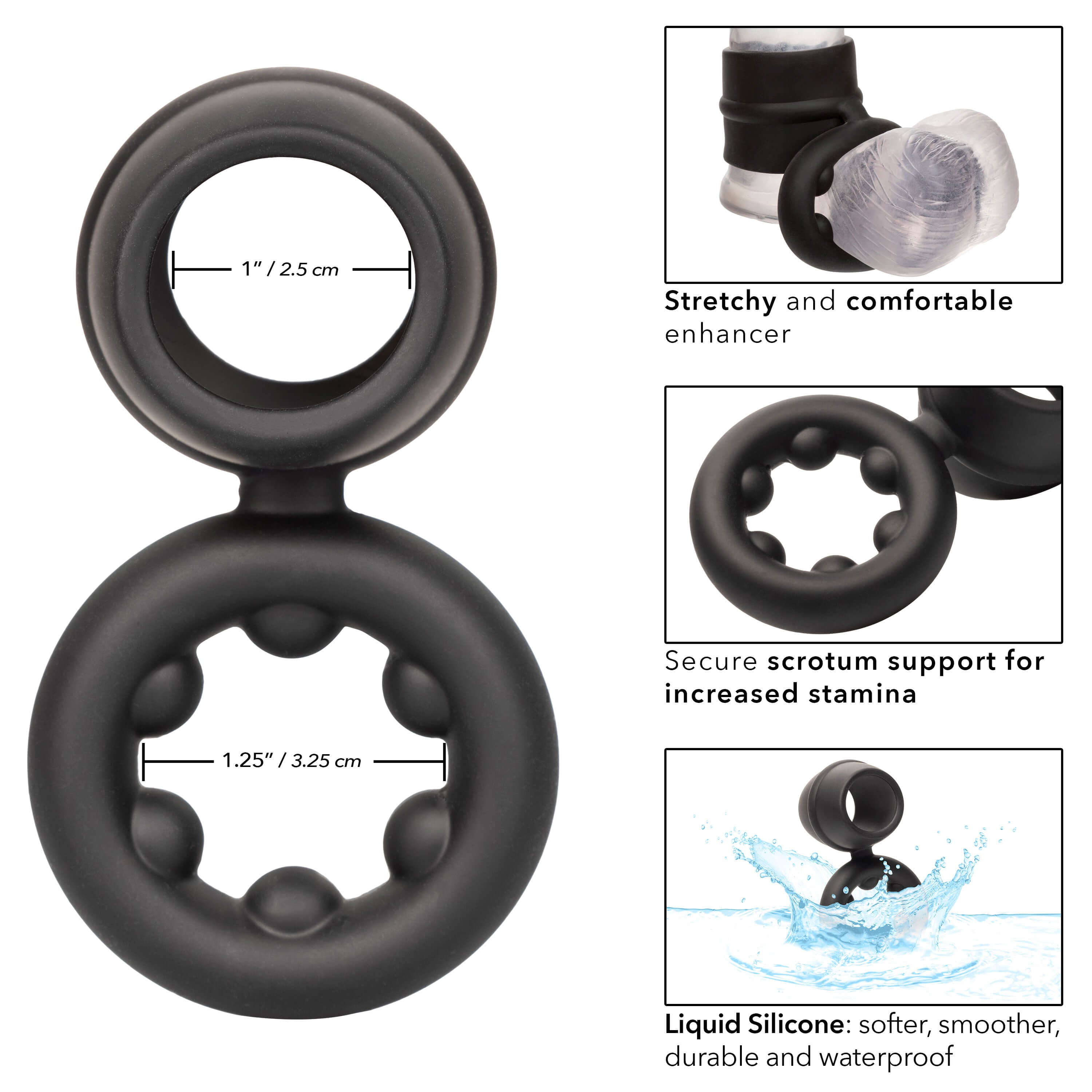 Alpha Liquid Silicone Dual Support Magnum Ring Black - stretchy enhancer ring with secure scrotum support and comfort