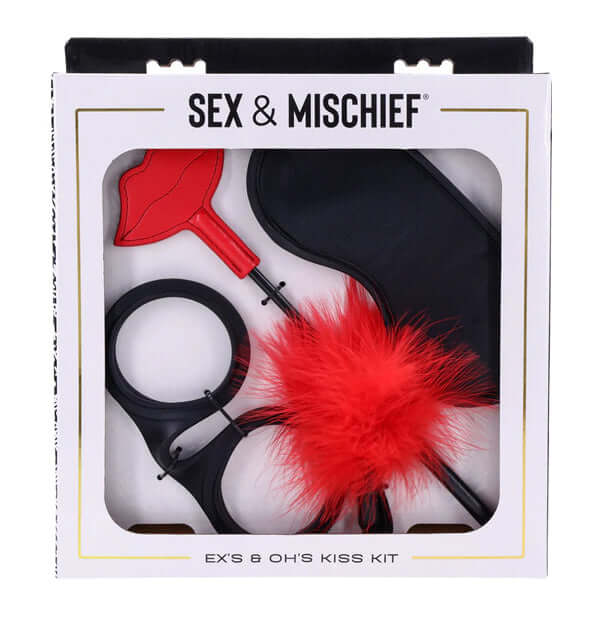 Ex's and Oh's Kiss Kit featuring blindfold, crop, and feather tickler for playful intimate moments.