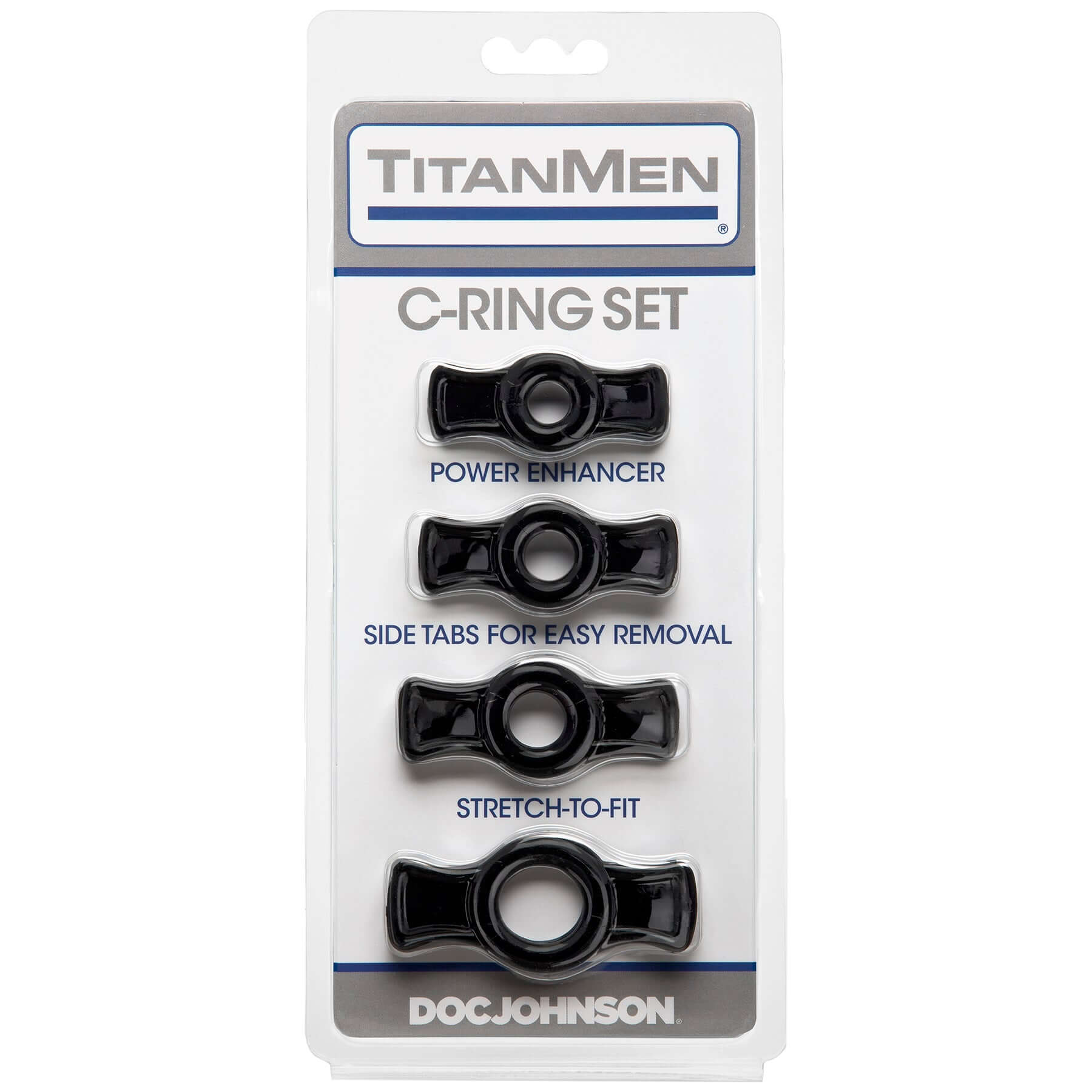 Titanmen Cock Ring Set Black featuring four stretch-to-fit rings with side tabs for easy removal.