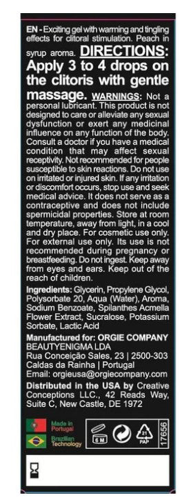 Orgie Orgasmic Drops Vibe Intimate Arousal Gel Peach 0.5 Oz directions and ingredients label for intimate arousal.