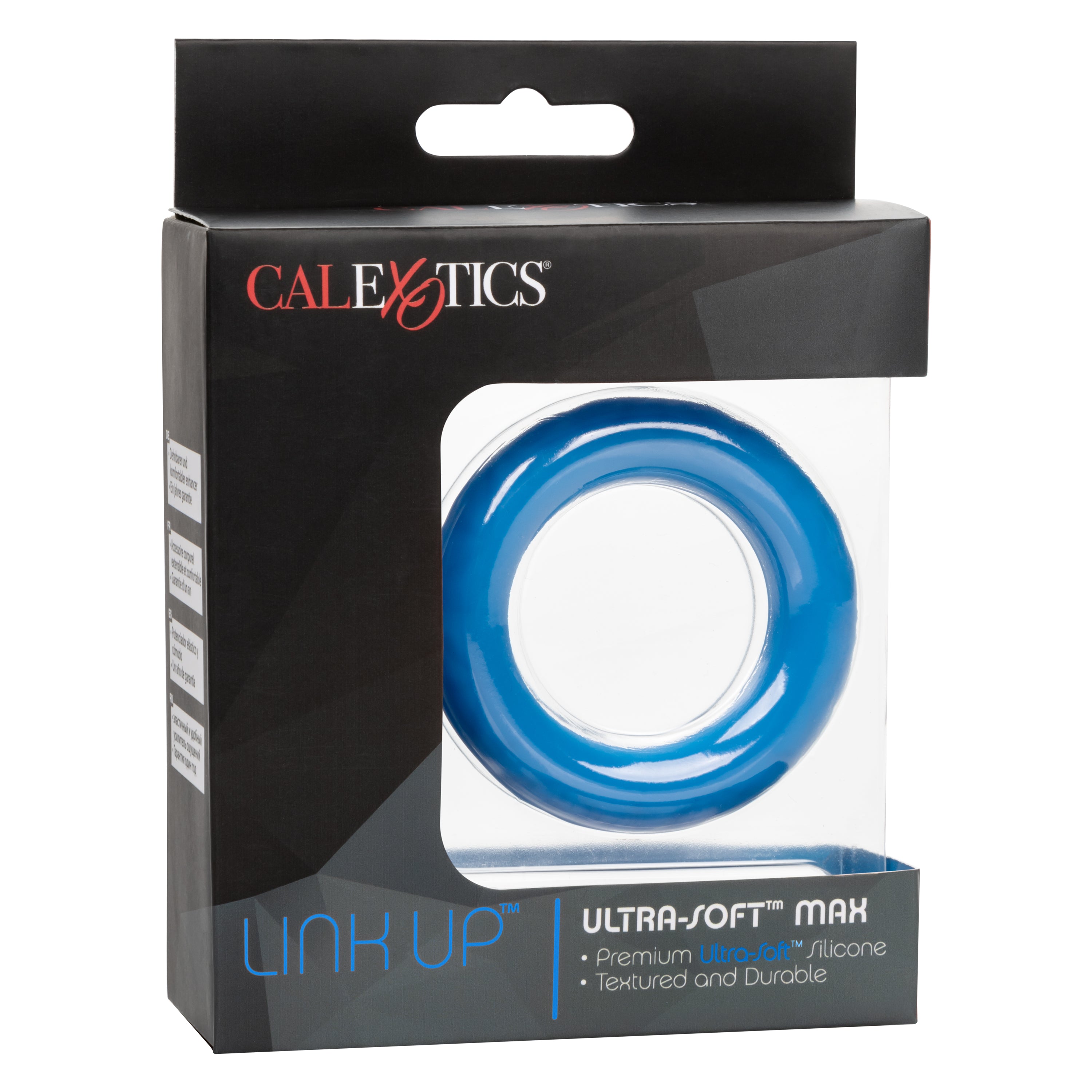 Link Up Ultra-Soft Max Silicone Cock Ring Blue in retail packaging, featuring ultra-soft silicone for comfort and performance.
