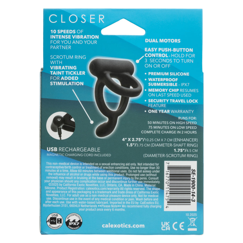 Closer Intimate Rechargeable Ring Caress Black features dual motors and 10 speeds for enhanced pleasure.