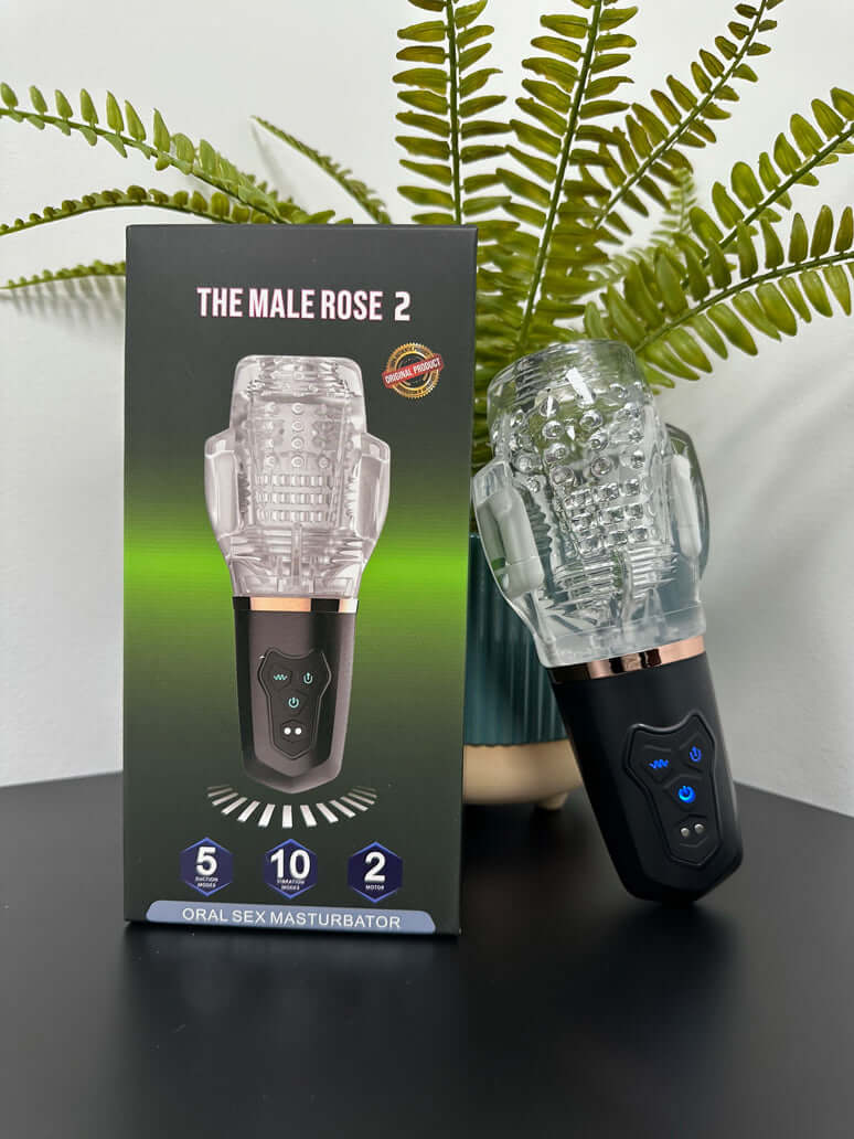 The Male Rose 2 Vibrating Stroker with 10 powerful vibration modes and dual side motors in portable design.