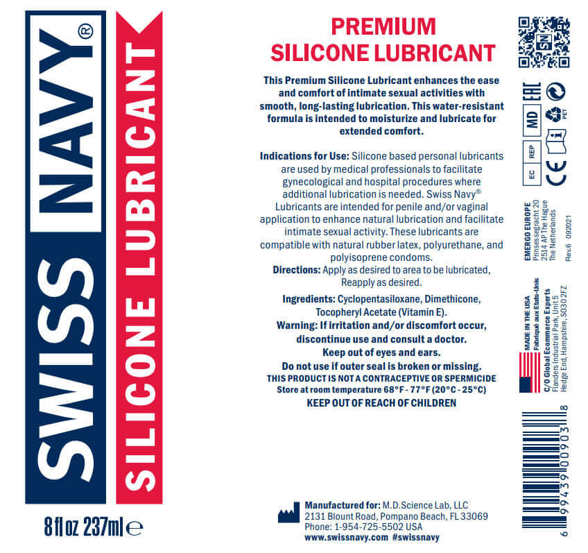 Swiss Navy Silicone Lubricant 8 Oz label featuring premium silicone lubricant information and usage instructions.