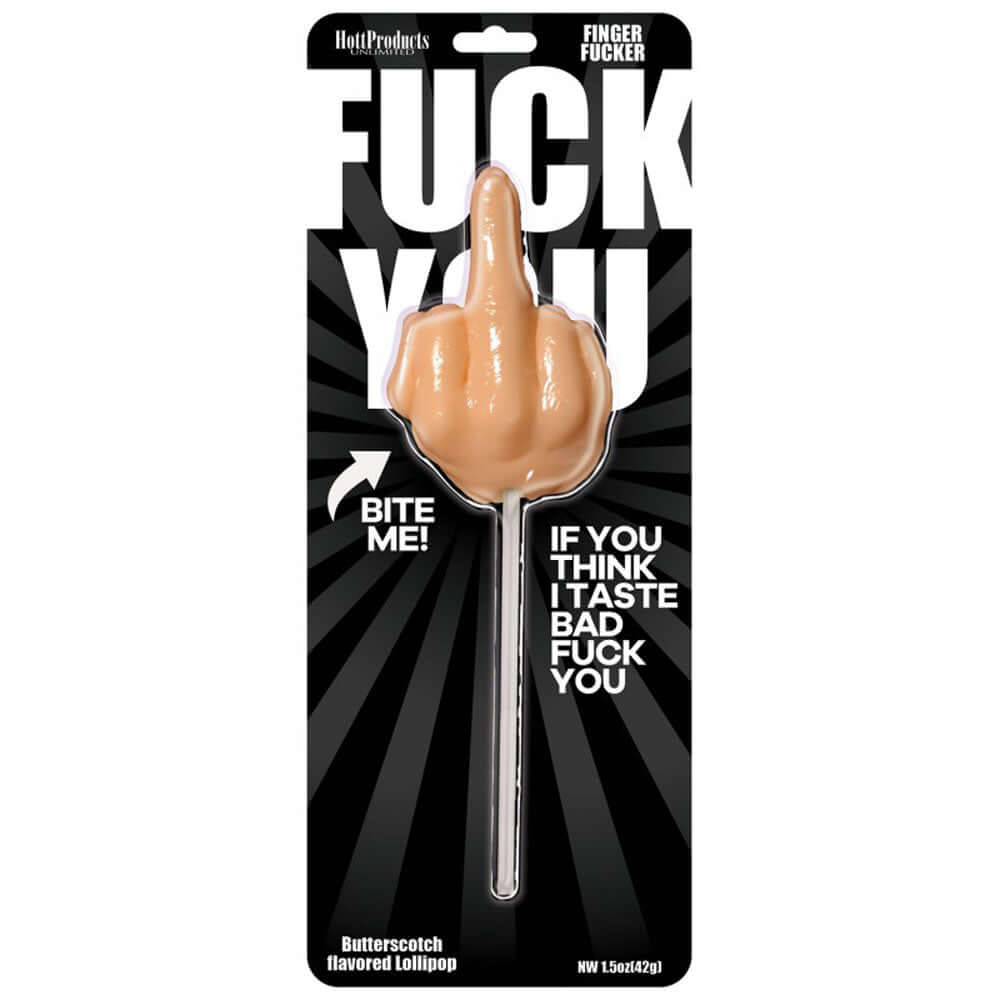 Fuck You Finger Fucker Lollipop in butterscotch flavor, featuring a humorous middle finger design.