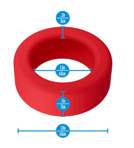 Performance Plus Pursuit Silicone Cock Ring Red dimensions diagram showing measurements in inches and centimeters.