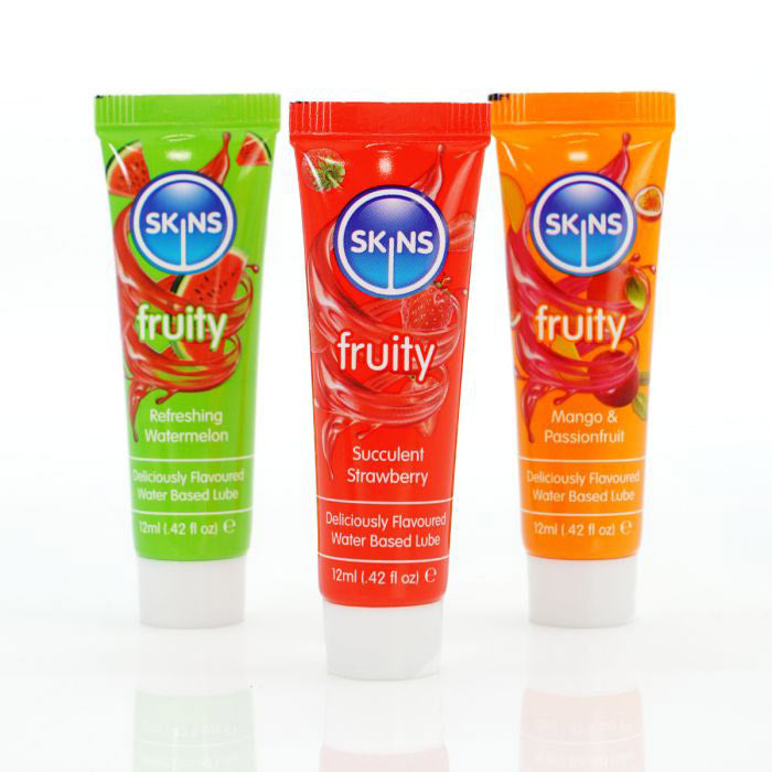 Skins Fruity Lubricants 12 ml Sampler 3 Pack with Watermelon, Strawberry, and Mango flavors.