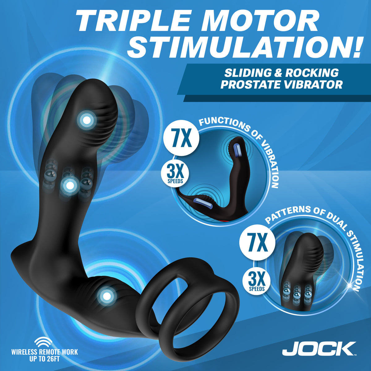 Jock P-Drive Sliding & Rocking Prostate Vibrator with C-Ring showcasing triple motor stimulation features.