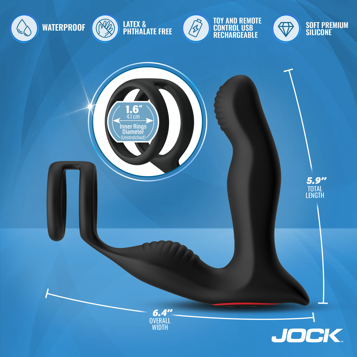 Jock P-Drive Sliding & Rocking Prostate Vibrator with C-Ring dimensions and features, showcasing waterproof silicone.