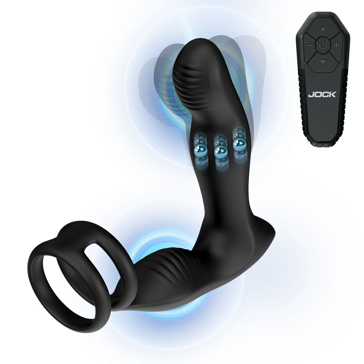 Jock P-Drive Sliding & Rocking Prostate Vibrator with C-Ring featuring three motors and wireless remote.