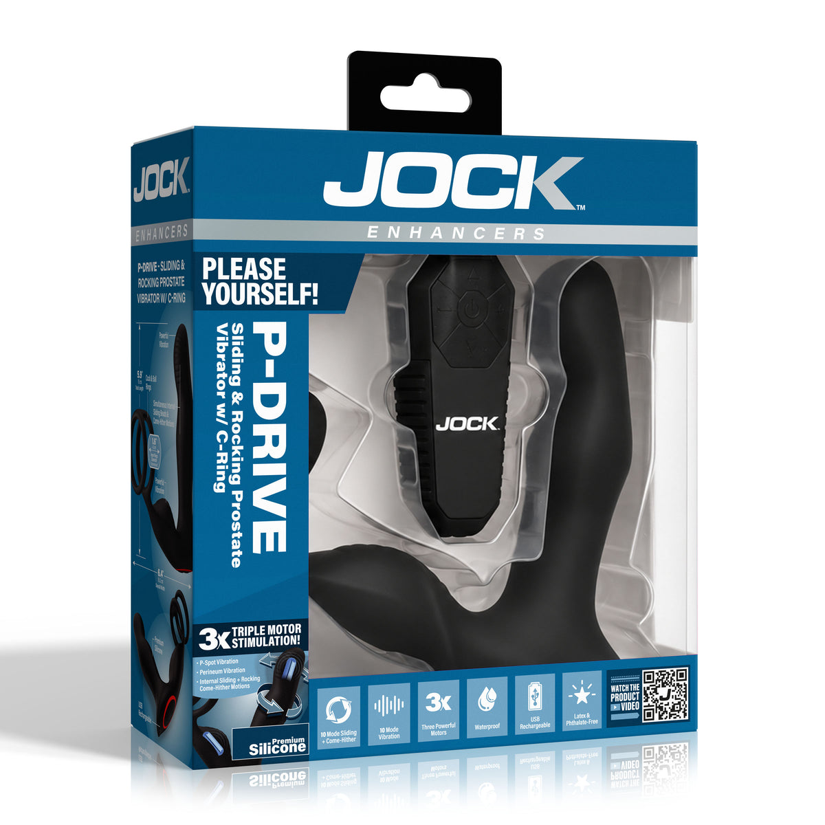 Jock P-Drive Sliding & Rocking Prostate Vibrator with C-Ring packaging showing three motors and wireless remote.
