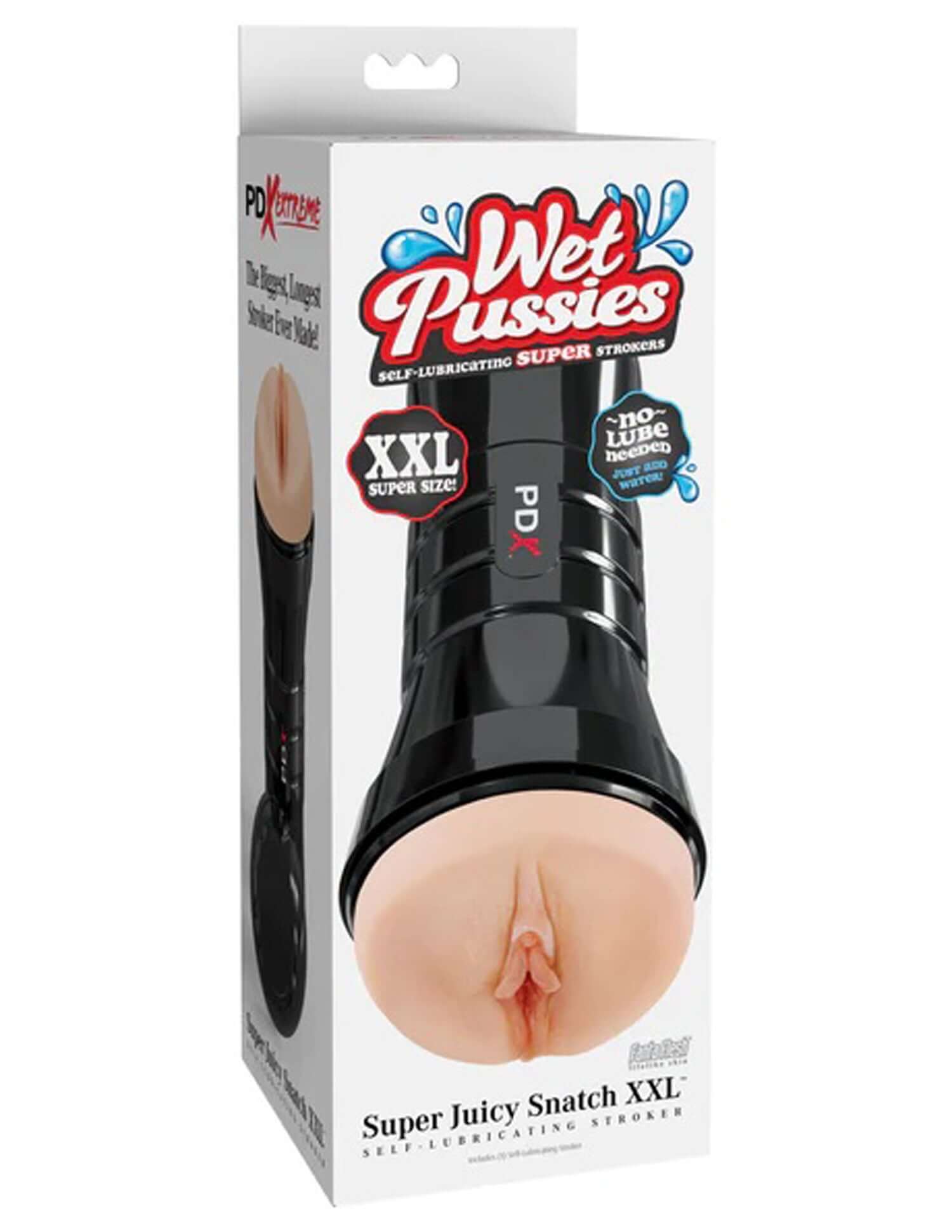PDX Extreme Wet Pussies Super Juicy Snatch XXL Stroker packaging showcasing realistic design and self-lubricating feature.