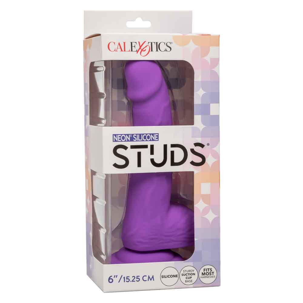 Purple Neon Silicone Studs 6 Inch Dildo in packaging from CalExotics