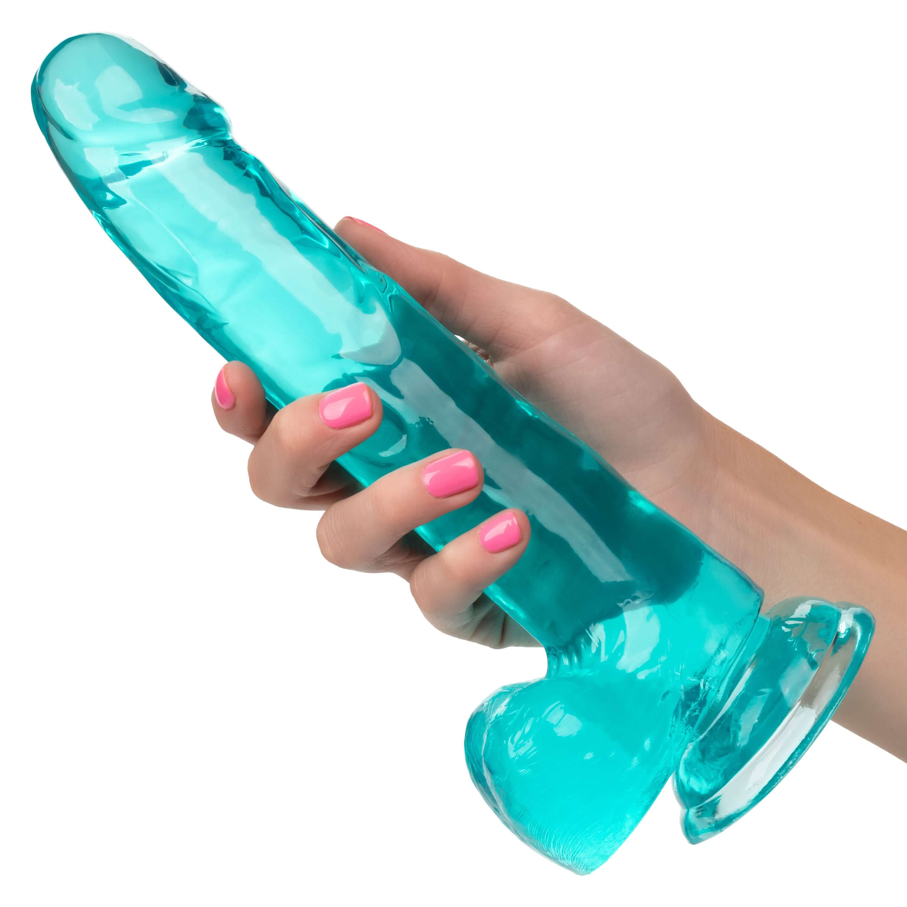 Size Queen Dildo 8 Inches Blue being held, showcasing its realistic design and vibrant color.