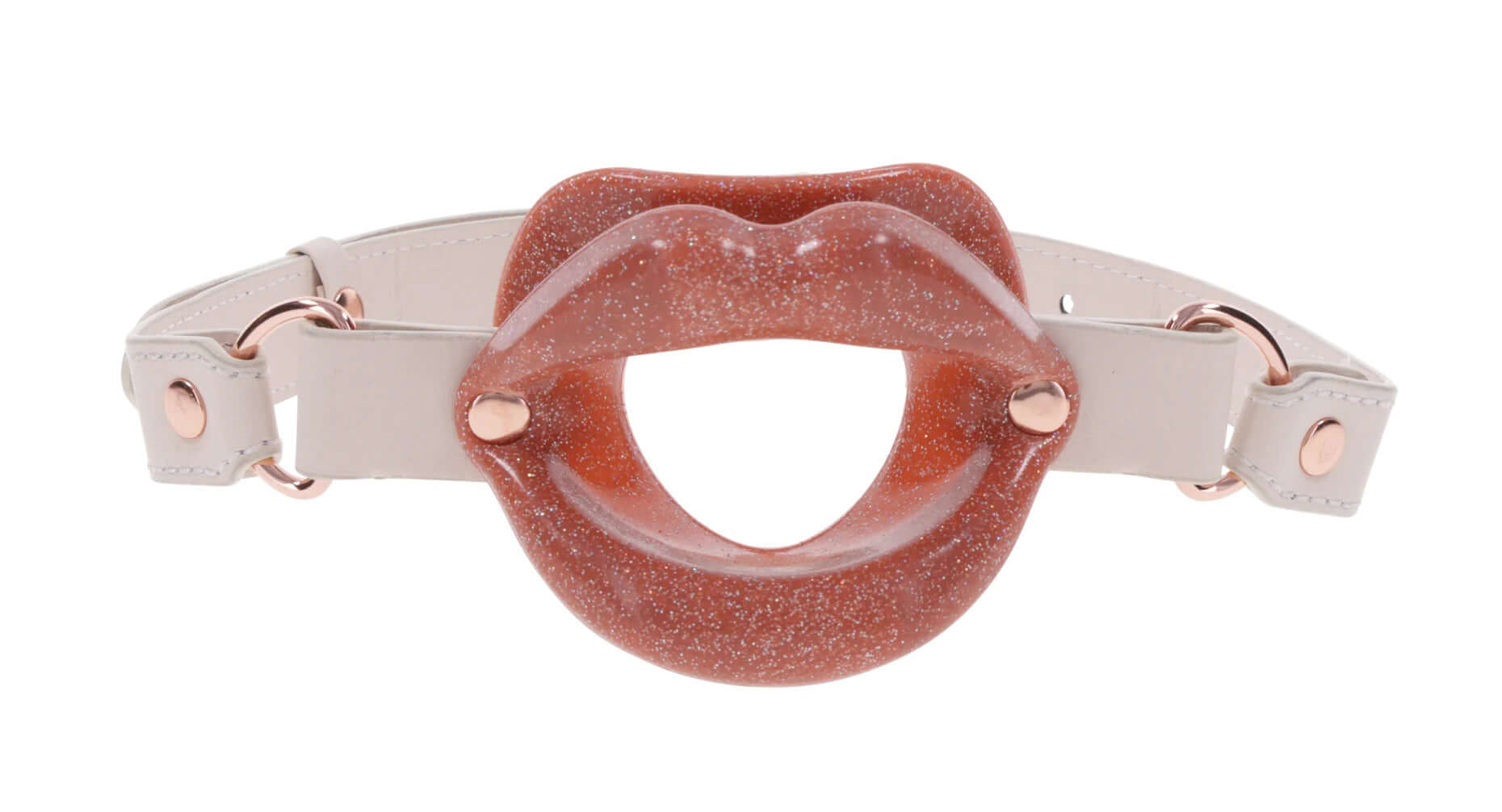 Peaches 'N Creame Silicone Lips Gag in peach hue with faux leather buckle for playful and seductive oral fun.
