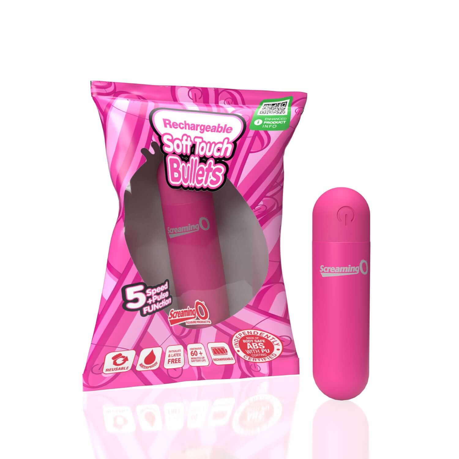Pink Screaming O Soft Touch Rechargeable Bullet with packaging, silky coating, five speeds, one pulse, waterproof, compact design.