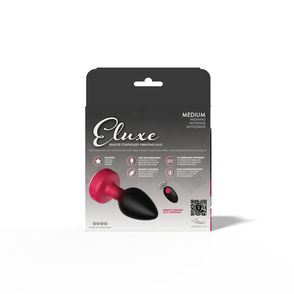 Cheeky Charms Eluxe Vibrating Anal Plug Ruby packaging design showcasing features and remote control capabilities.