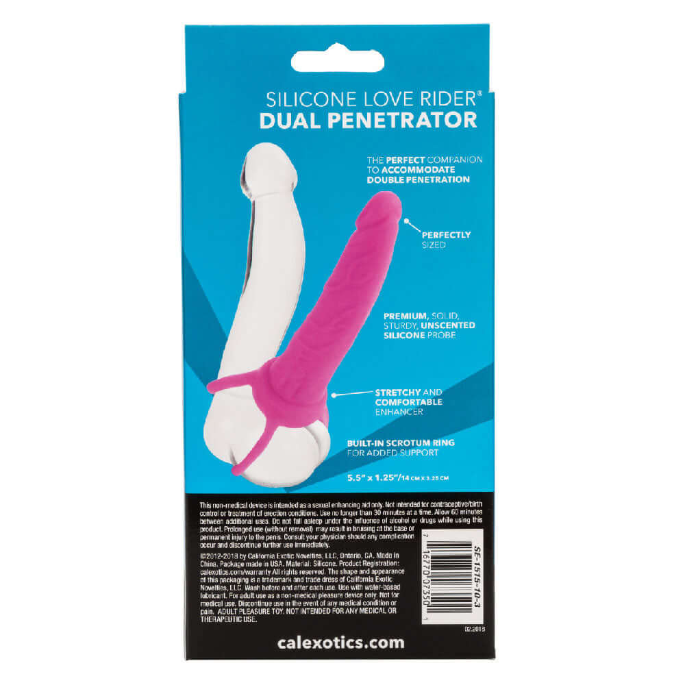 Silicone Love Rider Dual Penetrator Pink packaging showcasing dual penetration design and features for enhanced pleasure.