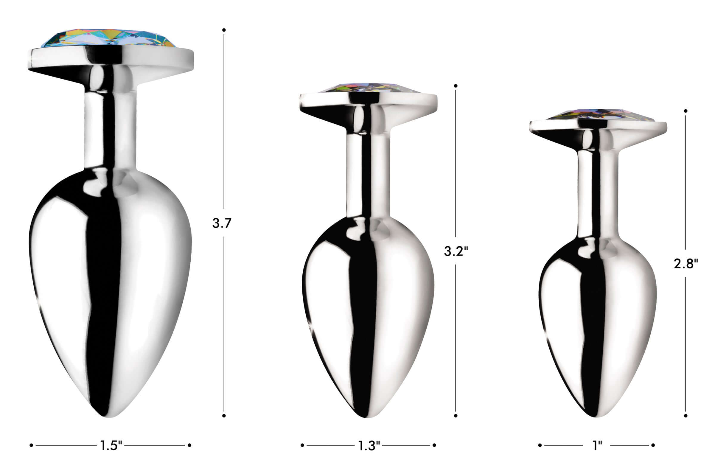 Rainbow Prism Gem Anal Plug Medium shown in three sizes with stunning gem tops and sleek metal design.